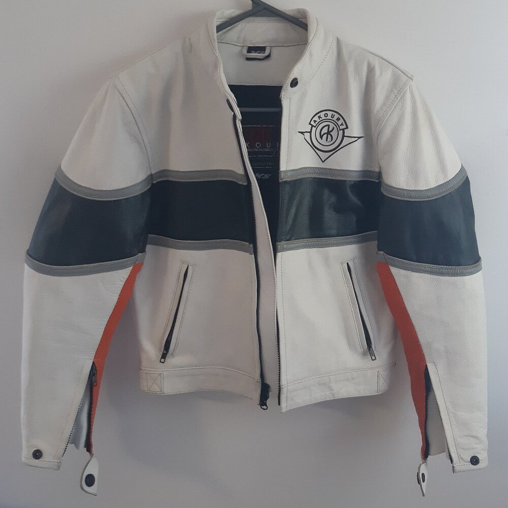 AKOURY Genuine Leather Jacket Look Moto Racing XS Unisex White, Orange and Black
